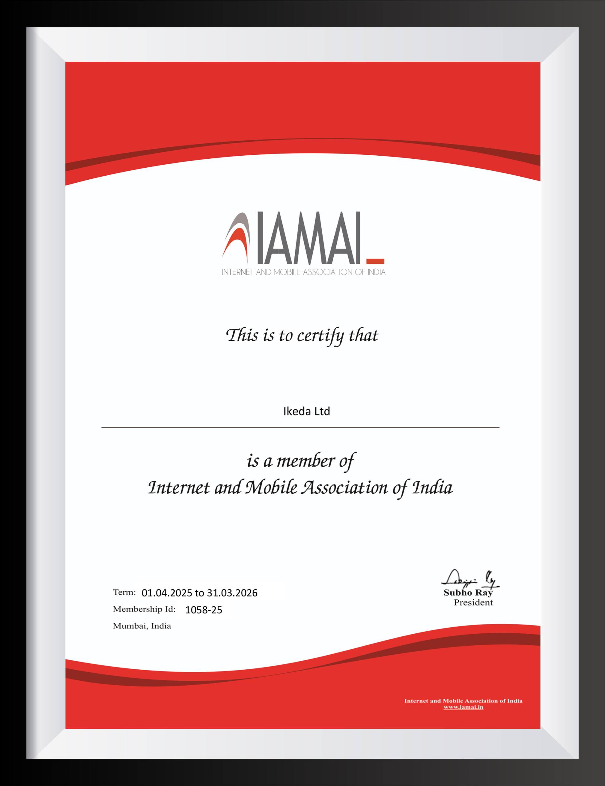 Award image for IAMAI Certificate of Membership